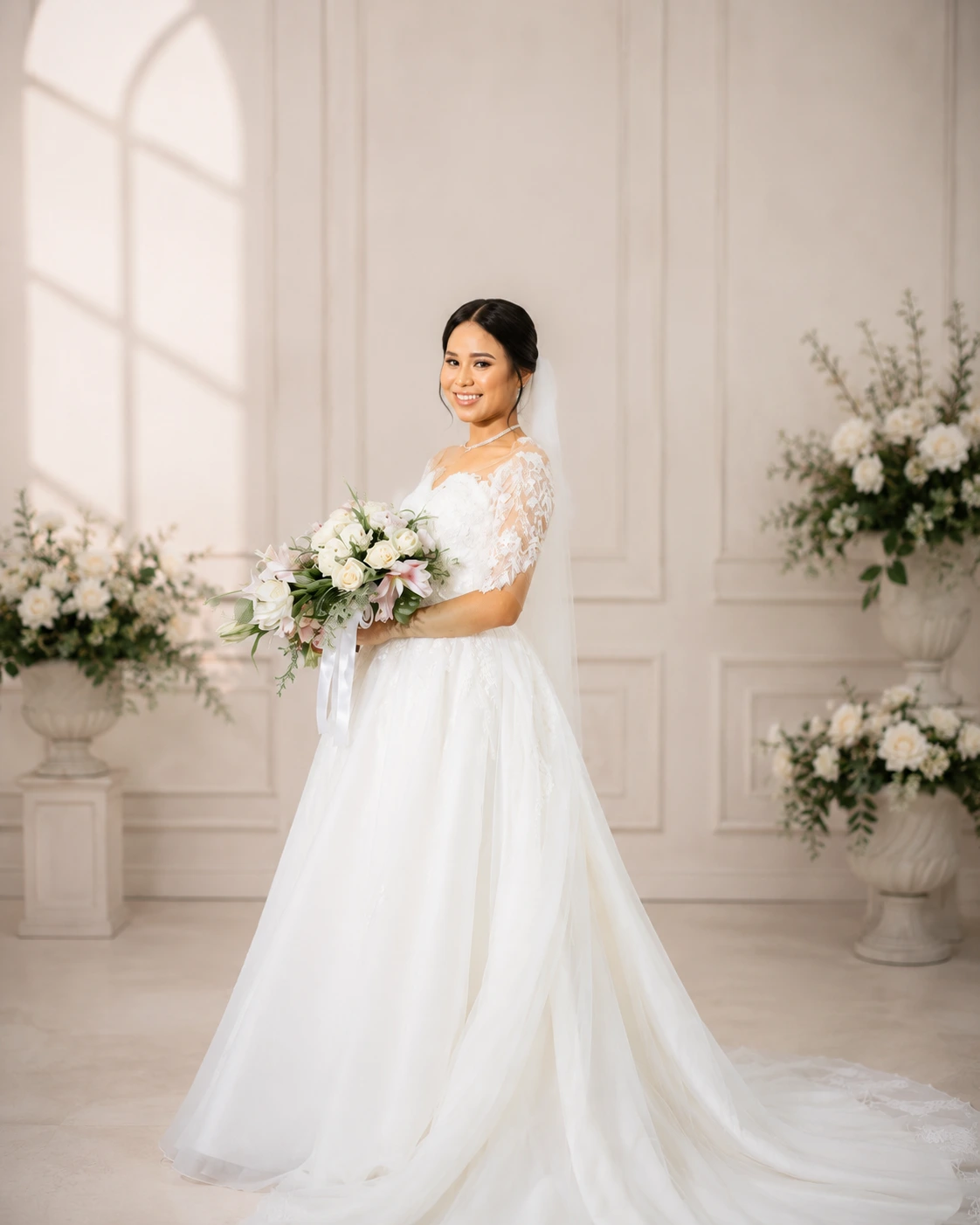 Bride wearing an elegant white wedding gown with delicate lace sleeves and a flowing skirt from Myra’s Bridal Boutique.