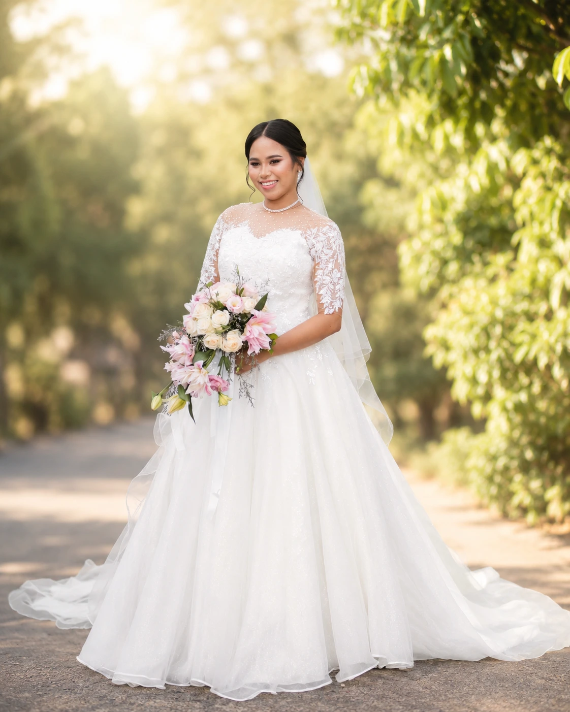 Bride wearing an elegant white lace wedding gown from Myra's Bridal Boutique.